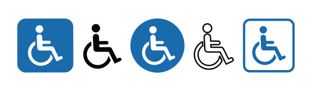 Accessible facility signage collection, featuring vector symbols including handicap access, mobility, parking, and support.