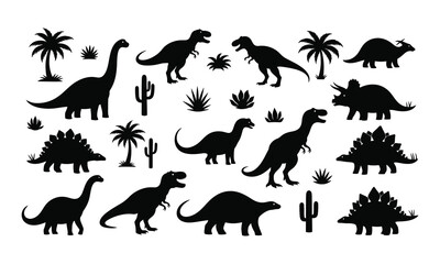 Obraz premium Collection of dinosaur silhouettes and prehistoric plants.
