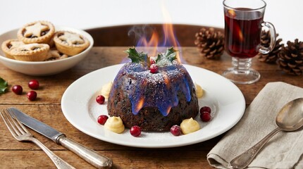 Seasonal Holiday Food Us Uk Canada Traditional Christmas Pudding Flaming with Brandy, H