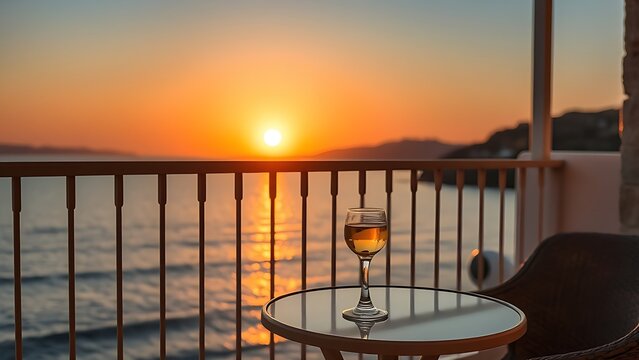ouzo. Aegean Sea balcony at sunset with ouzo glass reflecting the golden hour light. inspiring travel planning, bar promotions, designed for food & beverage menus and cafe branding.