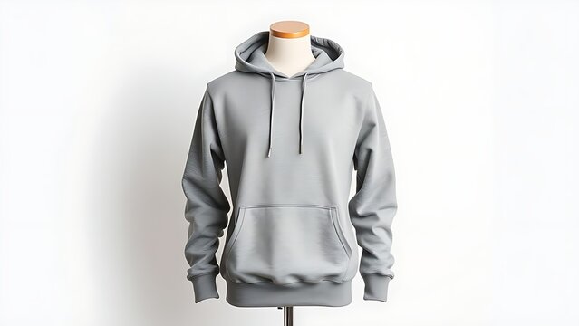 athleisure. Grey hoodie sweatshirt displayed on a simple mannequin. lifestyle magazines, social media lookbooks, designed for lifestyle magazines and social media content, used by PR specialists.