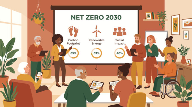 Diverse group of people collaborating and discussing net zero 2030 goals presented on a projector screen with icons for carbon footprint renewable energy and social impact
