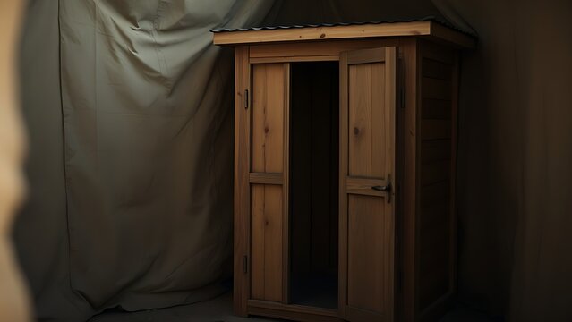 latrine. A simple wooden latrine structure in a military camp corner. gardening catalogs, home-decor guides, designed for home decor and floral branding, celebrates nature.