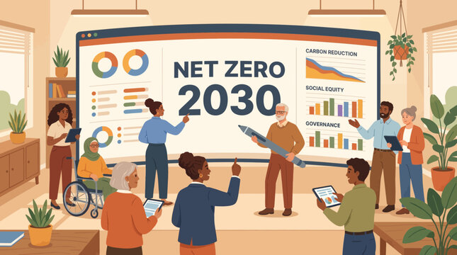 Net Zero 2030 A Diverse Group Collaborates on Climate Solutions and Sustainability Goals