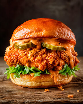 Sandu&iacute;che de frango crocante com picles, alface e molho cremoso picante
