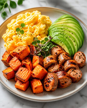 Caf&eacute; da manh&atilde; saud&aacute;vel com ovos mexidos, abacate, batata-doce e lingui&ccedil;a grelhada