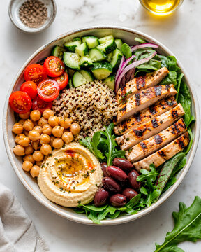 Bowl mediterr&acirc;neo saud&aacute;vel com frango grelhado, quinoa, homus e vegetais frescos