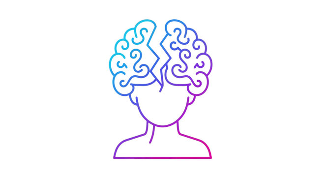 Broken Brain Icon with Gradient Colors, Symbolizing Mental Health Issues, Stress, or Trauma