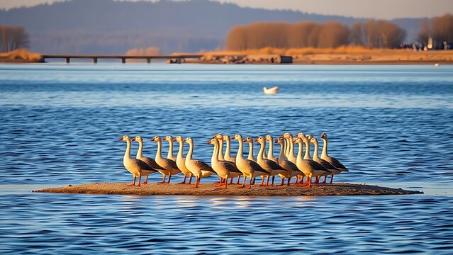 plausible. A flock of geese resting on a sandbar in a lake during golden hour. wildlife magazines, conservation campaigns, designed for eco-tourism storytelling, promotes animal welfare.