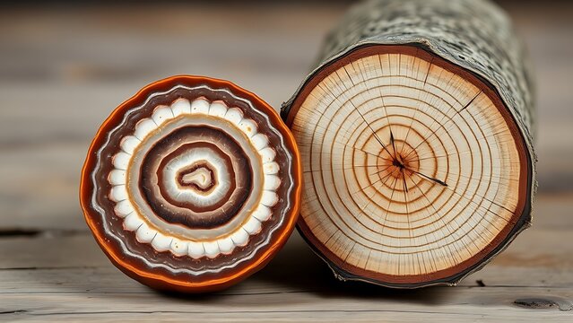 saucisson. Cross-section of dried saucisson beside tree log, concentric patterns echoing each other. menu design, packaging mockups, designed for food delivery and cloud-kitchen brand materials.