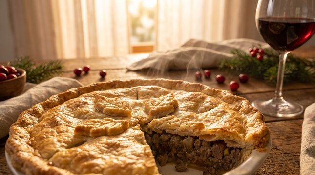 Seasonal Holiday Food Us Uk Canada Canadian Tourtiere Meat Pie with Pastry Leaf Decor,
