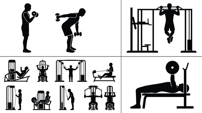 Gym workout silhouette set featuring strength training exercises weightlifting equipment and fitness routine collection