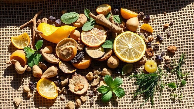 correlating. Assorted botanicals scattered on rough burlap fabric in sunlight. gardening catalogs, home-decor guides, designed for home decor and floral branding, promotes healthy living.