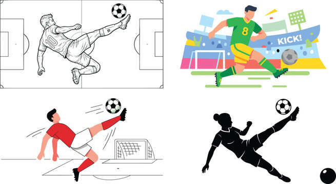 Soccer bicycle kick illustration set with sketch cartoon and silhouette styles dynamic football action collection