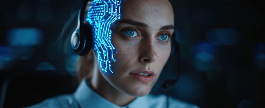 AI customer service and tech support woman with headset and digital circuitry overlay for artificial intelligence machine learning and future technology concepts. High quality photo