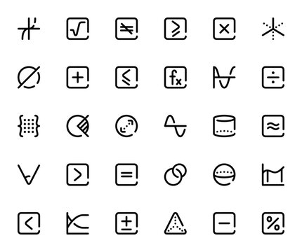 Maths icon set. Vector symbols collection. Includes tangent, square root, multiplication, division, sine, cosine, angle, sphere, cylinder, pyramid, matrix, integral, percentage and more.