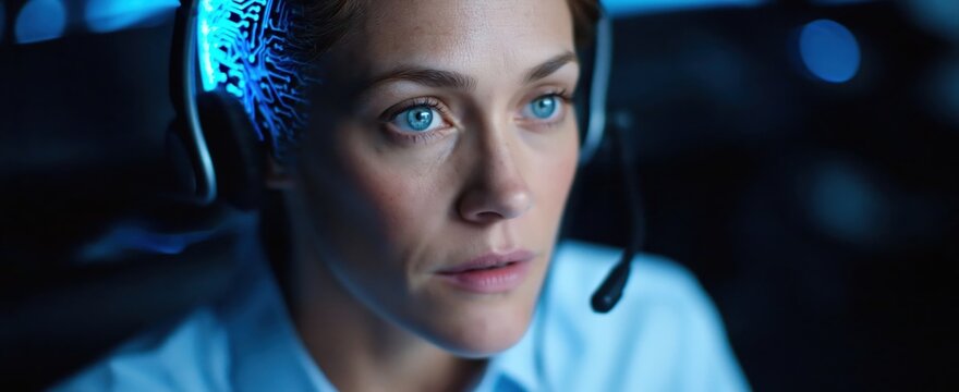 AI integration and brain computer interface woman wearing headset with brain circuitry overlay for neural interface technology and cognitive enhancement. High quality photo