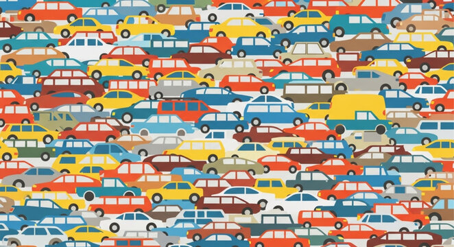 Colorful Vintage Cars Packed Together in a Busy Street Scene.