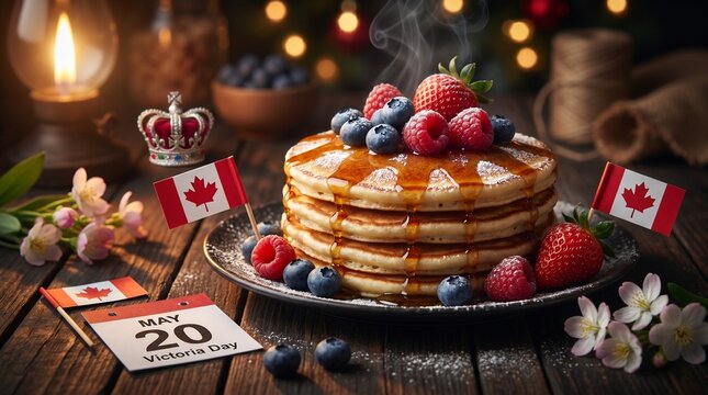 Seasonal Holiday Food Us Uk Canada Canadian Maple Syrup Pancake Stack with Fresh Berrie