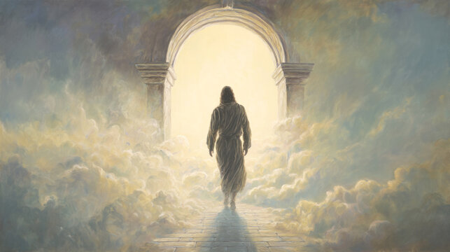 figure walking through archway of light into symbolic new beginning after repentance