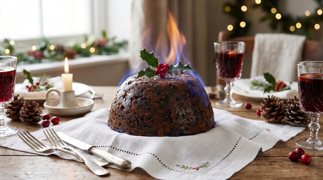 Seasonal Holiday Food Us Uk Canada Traditional Christmas Pudding Flaming with Brandy, H
