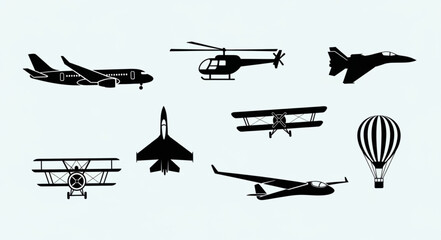 Collection of various aircraft silhouettes including airplanes helicopters and hot air balloon. © Hss
