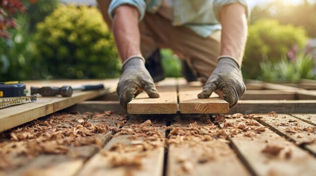 Home improvement project DIY deck building and renovation man installing wood planks for outdoor patio carpentry and construction with tools in backyard gardening. High quality photo