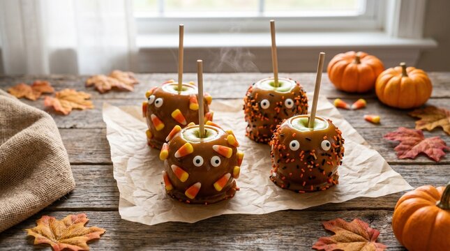 Seasonal Holiday Food Us Uk Canada Halloween Caramel Apples on Sticks with Candy Corn,