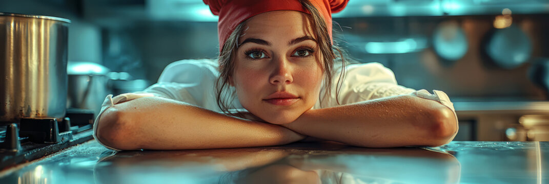 A tired female cook, her face reflecting the weariness of long hours of work in a hot kitchen.