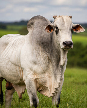 Bovino Nelore em retrato individual no pasto em ambiente rural brasileiro