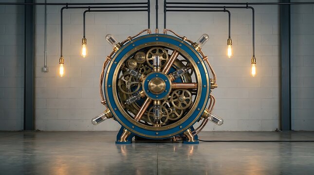 Industrial, vintage, blue, gold ship wheel, nautical, antique steering wheel, warehouse lighting