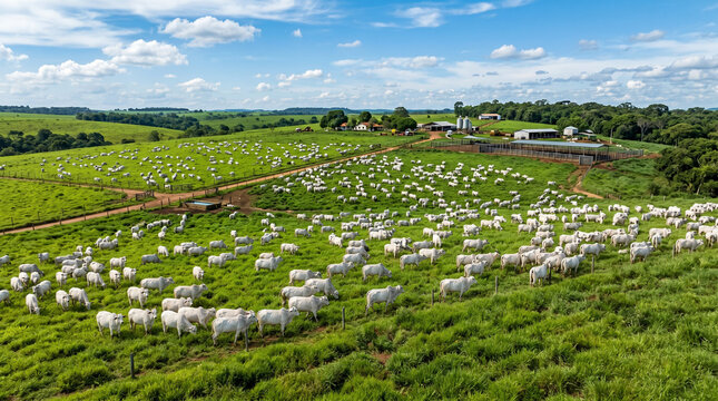 Rebanho de gado Nelore em grupo no pasto e em paisagem rural