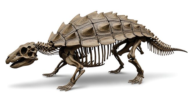 Complete skeleton of an armored dinosaur, possibly an ankylosaur, showcasing its bony plates and robust structure on a white background.