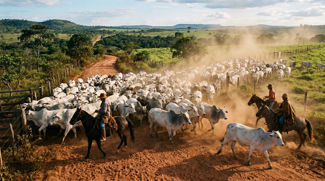 Gado bovino em fazenda com pasto, curral e paisagens da pecu&aacute;ria rural