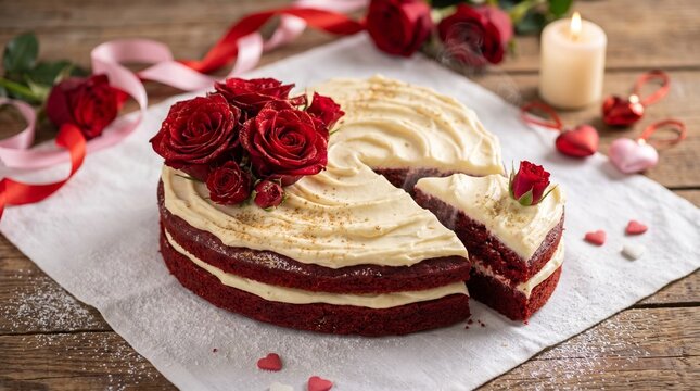 Seasonal Holiday Food Us Uk Canada Heart-shaped Red Velvet Cake with Roses, Cream Chees