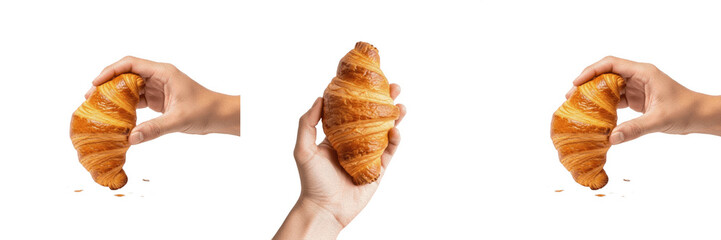 Hand Holding Fresh Butter Croissant Pastry Isolated For Bakery Breakfast Snack And French Food Design © Wazir