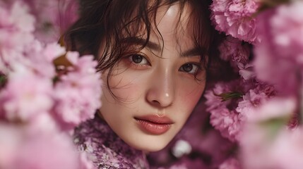 Naklejka premium Portrait of a Young Woman Surrounded by Pink Cherry Blossoms