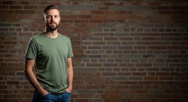 Confident man in a green t-shirt and jeans with hands in pockets standing against a brick wall