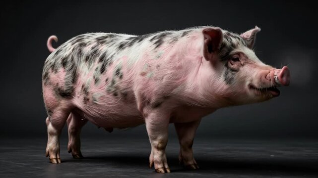 Pink Spotted Pig Standing in a Dark Studio Setting for Farm Animal Photography