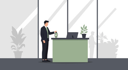 Fototapeta premium Man in suit sanitizing hands at reception desk with plants and laptop