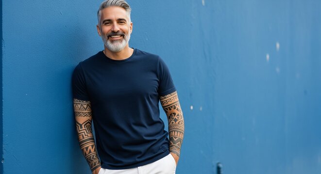Confident tattooed man with grey beard smiling against a vibrant blue wall