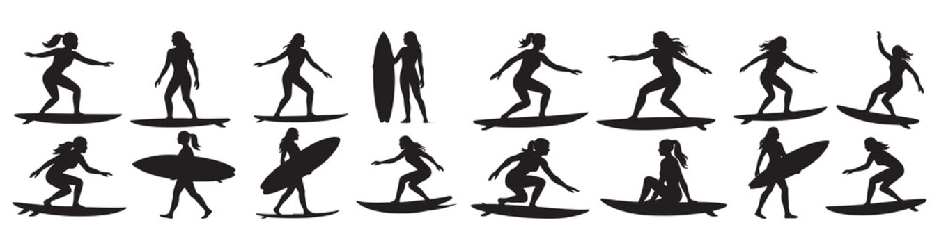  Female surfer silhouette collection. Woman riding surfboard on ocean wave and walking on the beach. Summer water sports vector illustration set.
