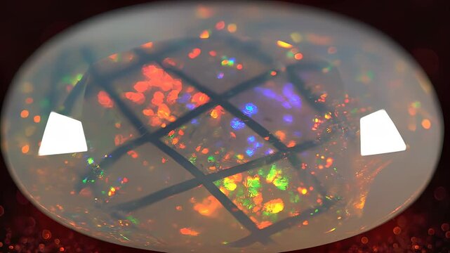 Opal Gemstone with Iridescent Colors and Grid Pattern.