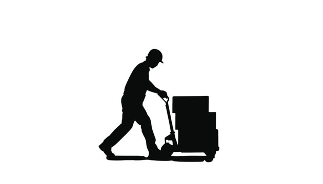 Worker pulls a pallet jack loaded with heavy boxes as a silhouette representing industrial labor and warehouse logistics.