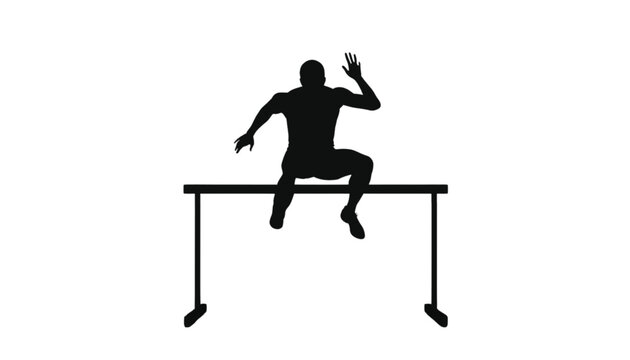 Athlete jumps over a hurdle in a high contrast black silhouette style isolated on a plain white background for sports.