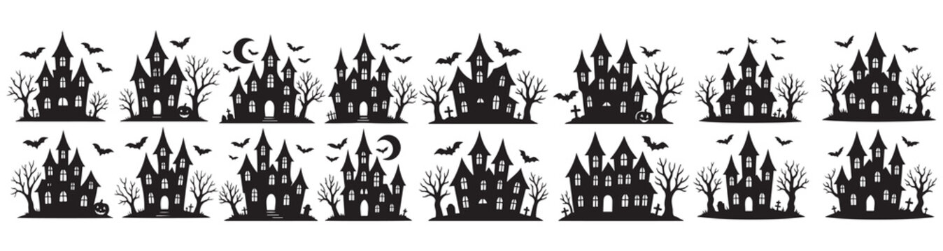 Halloween haunted house silhouette border set. Spooky abandoned castle, flying bats, dead trees, and graveyard for October holiday decoration and background