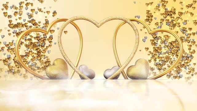 Romantic valentine s day podium roses heart balloons Happy valentines Day video. Realistic golden 3d hearts shape pink fluffy cloud pink background. Valentine romantic landscape hearts floating sky