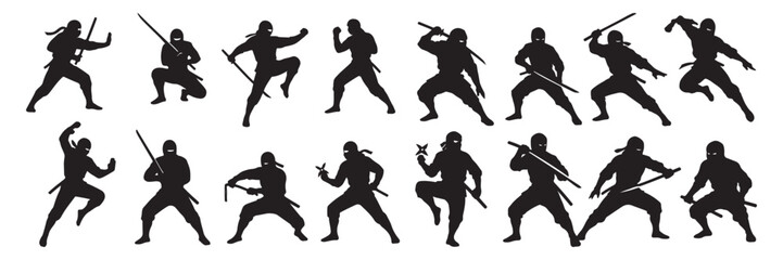  Ninja warrior silhouette collection. Japanese assassin in dynamic combat poses holding sword and shuriken. Martial arts fighting vector set. © soesanto