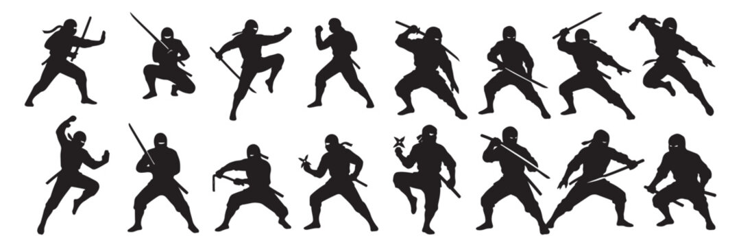  Ninja warrior silhouette collection. Japanese assassin in dynamic combat poses holding sword and shuriken. Martial arts fighting vector set.