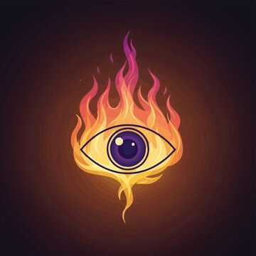 Flaming eye, burning vision, purple iris, fiery flames, mystical symbol